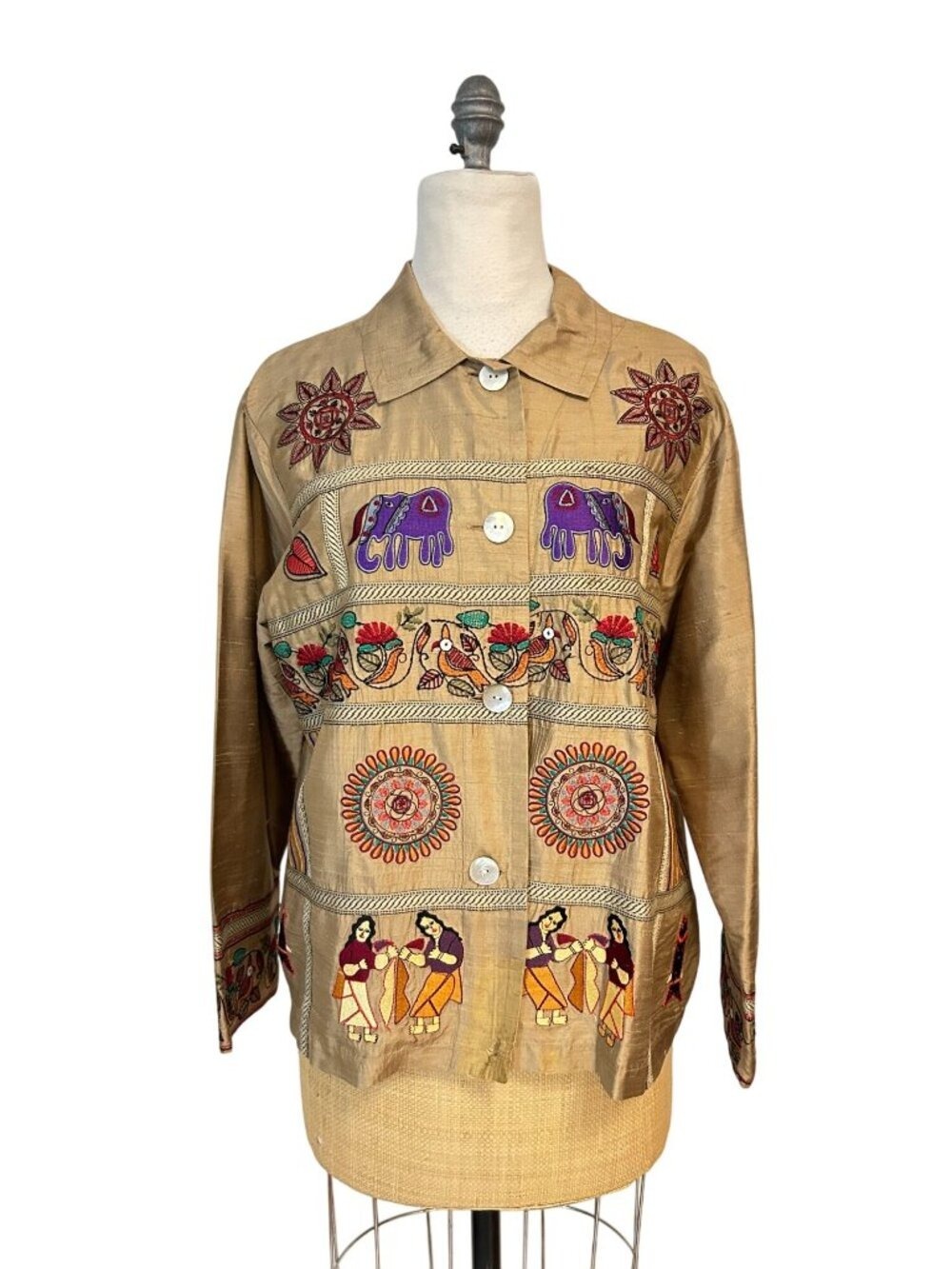 Vintage Chicos Size 2 Large Hand-Embroidered Silk Jacket W/ Colorful Folk Art